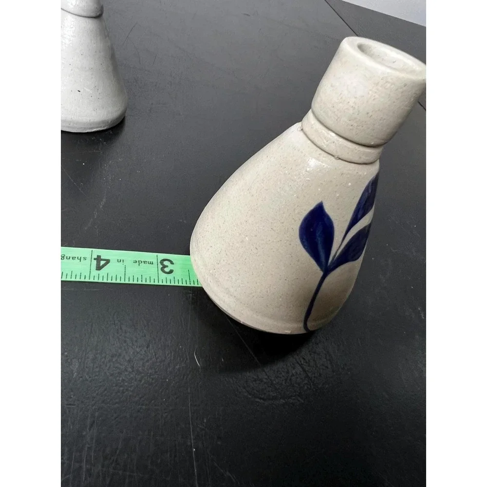 Williamsburg Pottery Bud Vase Set‎ Gray Tan Cobalt Blue Salt Glaze Leaf Small